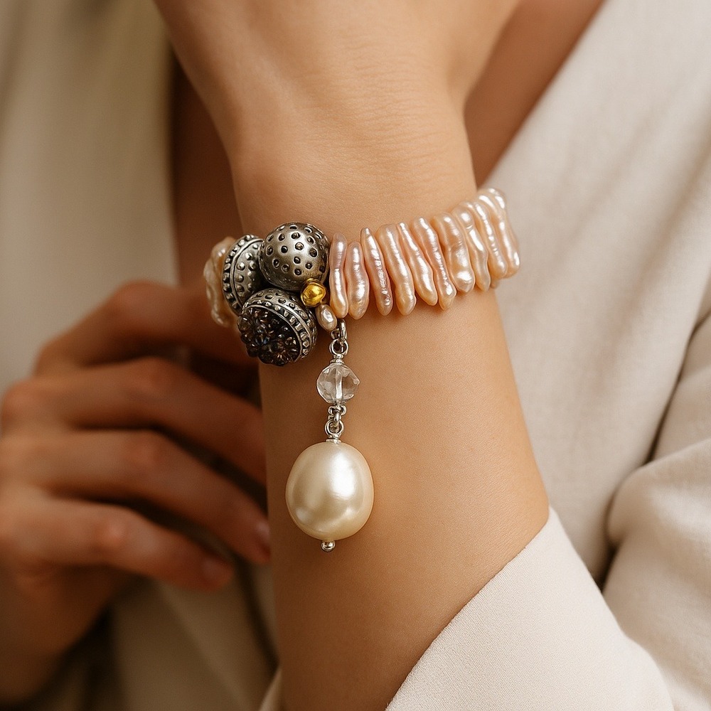 Bohemian Angelic Pearl Moonstone Gemstone Bracelet Statement‎ Charm Silver Tone